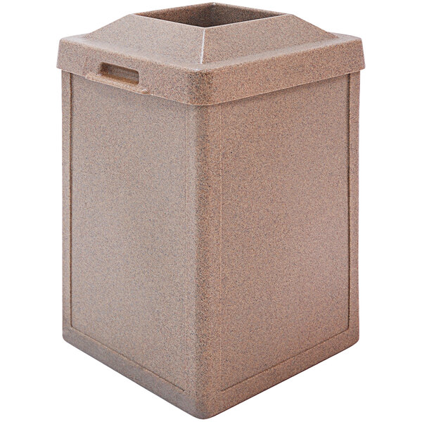A brown rectangular Wausau Tile Tuffy plastic trash can with a lid.