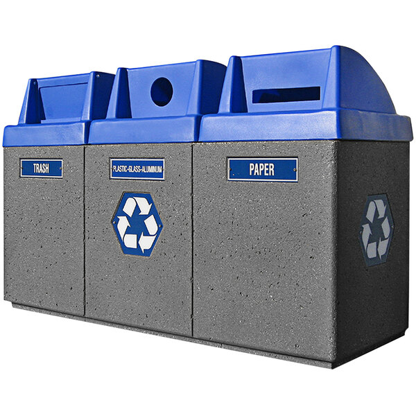 A Wausau Tile concrete recycling station with blue plastic push-door tops.