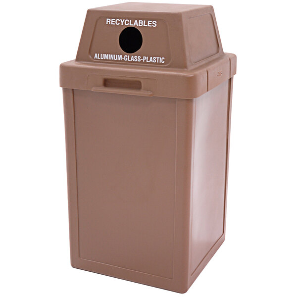 A brown Wausau Tile Tuffy 22 gallon recycling bin with a side hole dome lid.