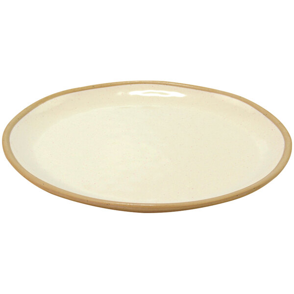 A white Dalebrook melamine plate with a tan rim.