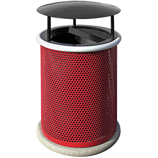 A red trash can with a black lid.