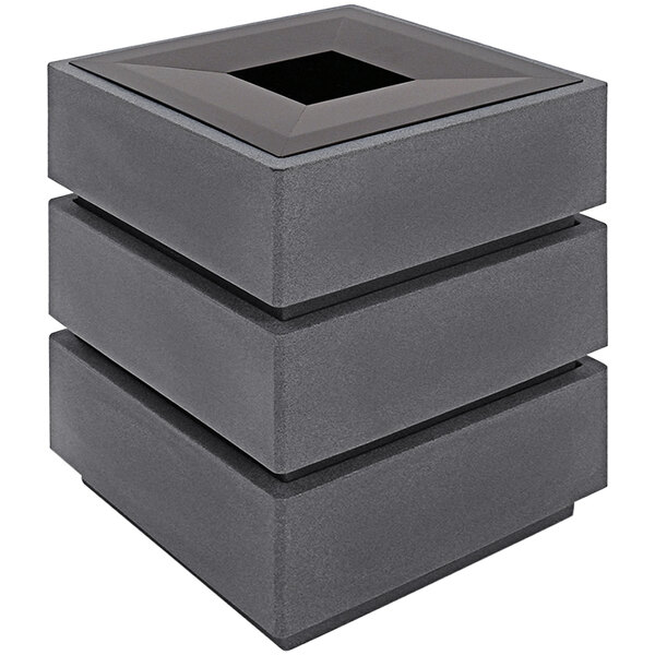 A stack of three Wausau Tile grey square trash receptacles with aluminum square lids.