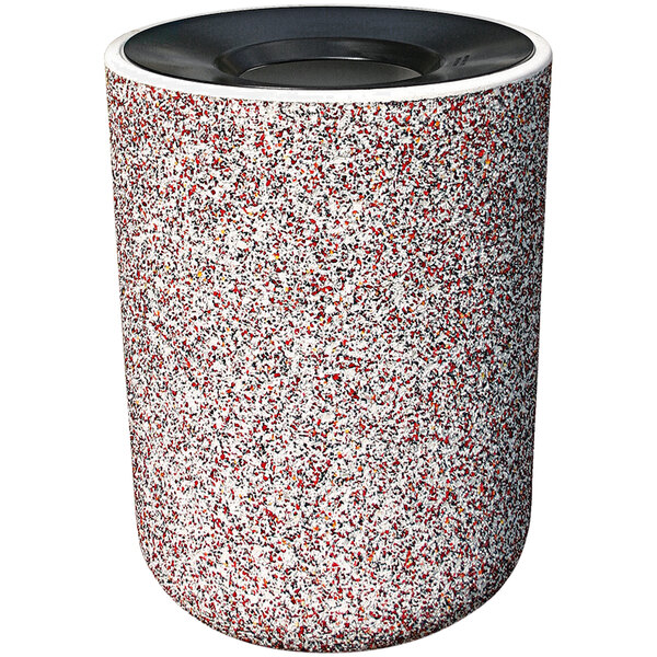 A red and black speckled concrete round trash receptacle with an aluminum funnel top.