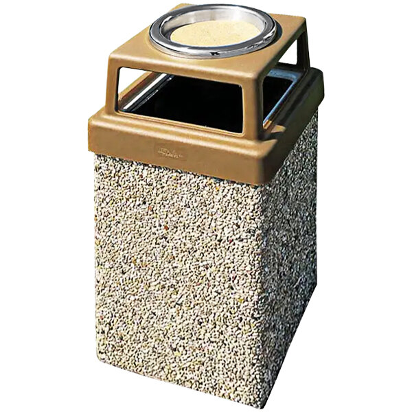 A brown square Wausau Tile concrete trash can with a silver plastic lid.