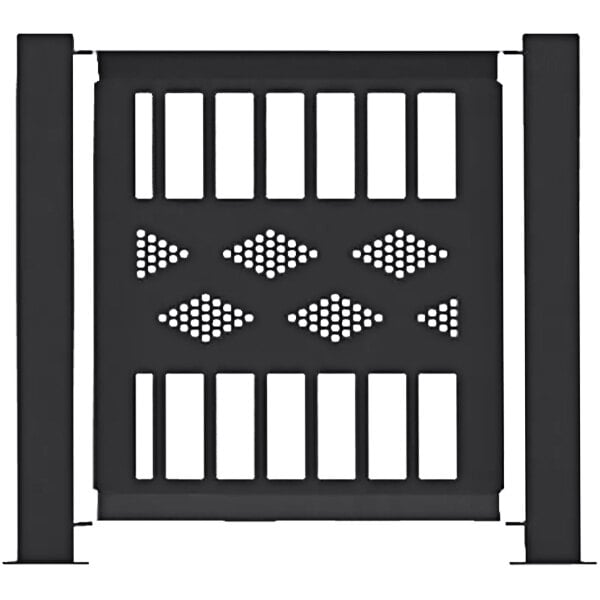 A black metal fence panel with a rectangular design of holes.