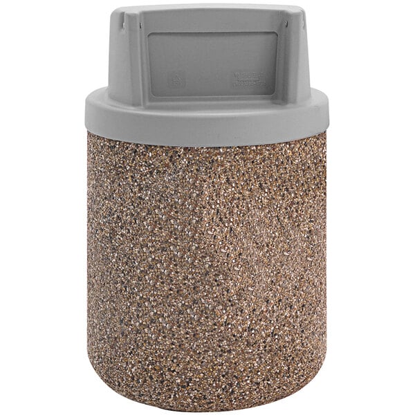 A Wausau Tile concrete round trash receptacle with a plastic push-door top.