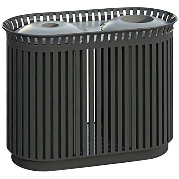 A black Wausau Tile outdoor trash receptacle with two aluminum lids.