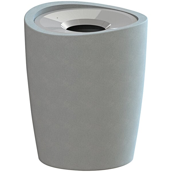A gray cylindrical Wausau Tile outdoor trash receptacle with a hole in the lid.