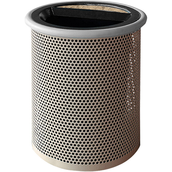 A Wausau Tile steel round trash receptacle with an aluminum ash-n-trash lid.