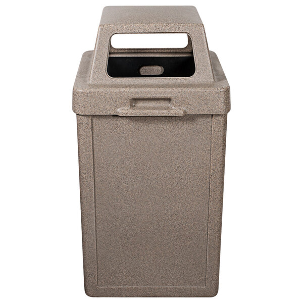 A grey Wausau Tile Tuffy plastic square trash receptacle with a 4-way lid.