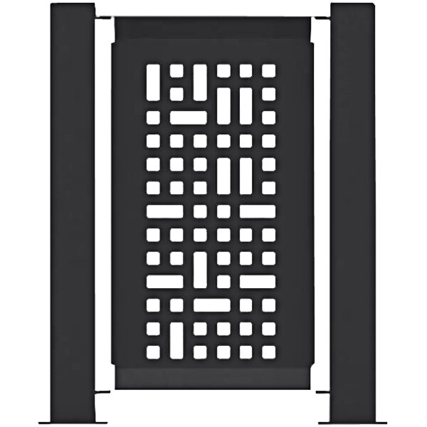 A black rectangular fence panel with a square lattice design.