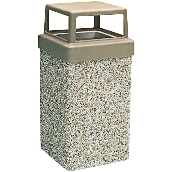 A Wausau Tile rectangular concrete waste receptacle with a square plastic lid.