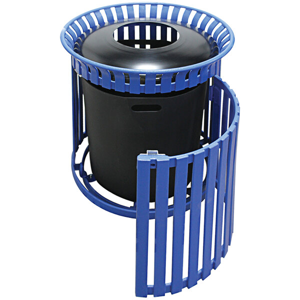 A black and blue Wausau Tile steel round trash receptacle with aluminum pitch-in lid and side door.