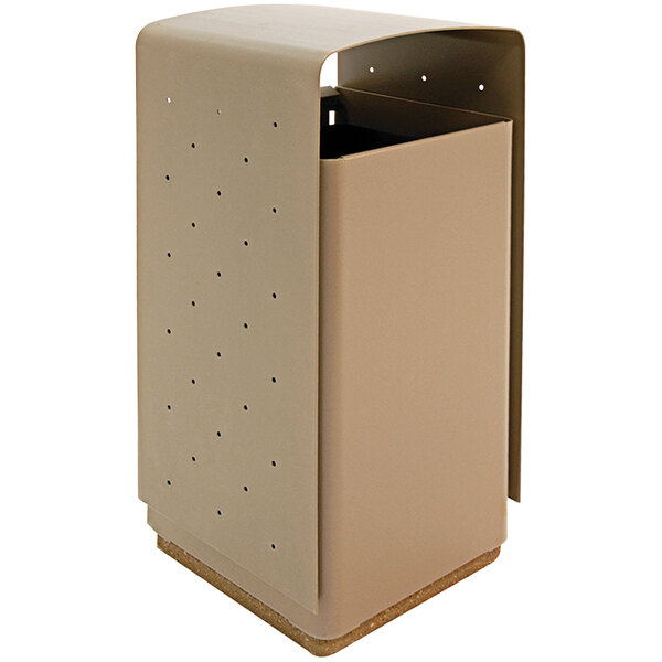 A beige rectangular Wausau Tile outdoor trash receptacle with holes in the sides.