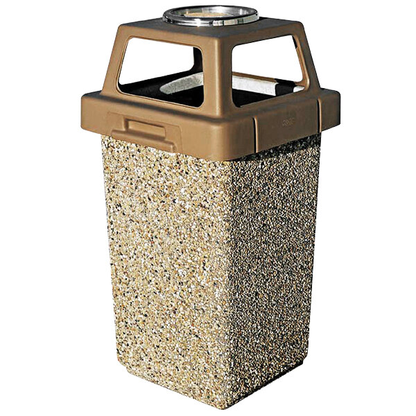 A brown square Wausau Tile outdoor trash receptacle with a round metal ashtray lid.
