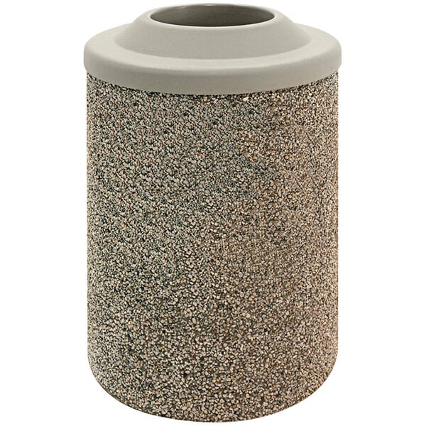 A Wausau Tile concrete round trash can with a white plastic lid.