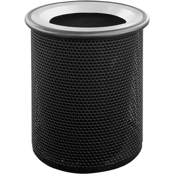 A black steel round trash receptacle with a wide aluminum mesh lid.