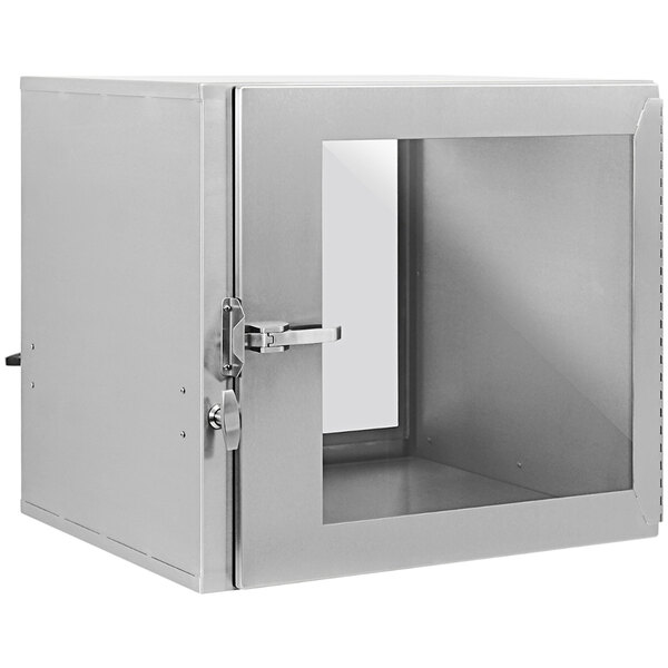 A silver stainless steel BenchPro cleanroom pass-through cabinet with a glass door.
