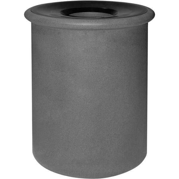 A gray Wausau Tile Senora round plastic trash receptacle with an aluminum round top.