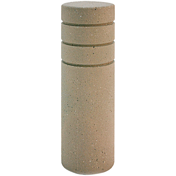 A beige cylindrical stone bollard with three reveal lines.