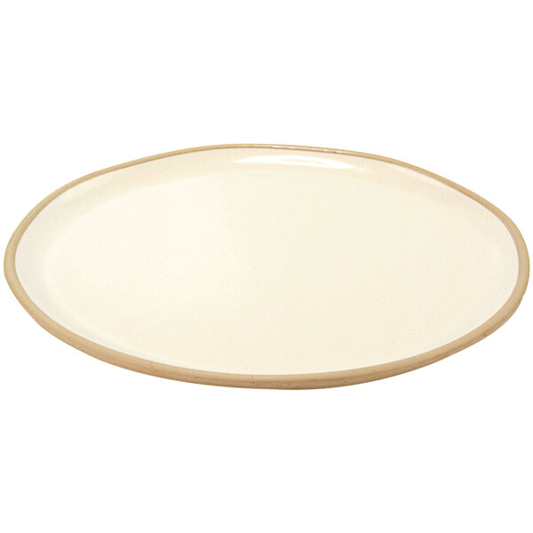 A white oval plate with a brown rim.