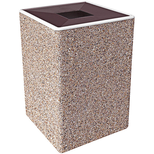 A rectangular stone trash can with an aluminum square lid.