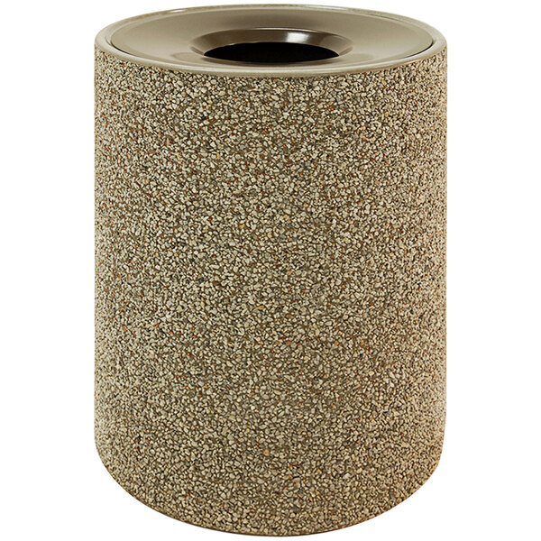 A brown Wausau Tile concrete round trash receptacle with an aluminum lid.