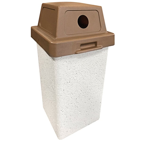 A white and brown concrete square recycling receptacle with a brown plastic side hole dome lid.