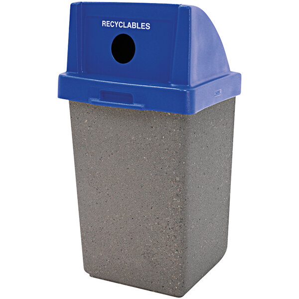 A grey Wausau Tile Colonial recycling receptacle with blue plastic side hole dome lid.