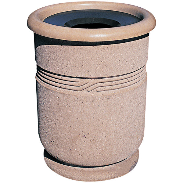 A Wausau Tile concrete decorative trash can with an aluminum lid.