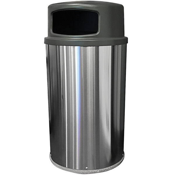A Wausau Tile stainless steel trash receptacle with a plastic dome lid.