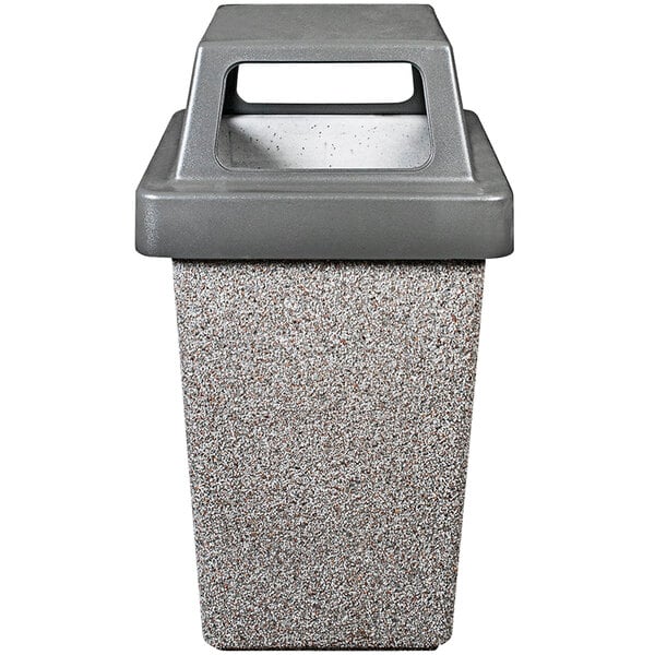 A grey rectangular Wausau Tile trash receptacle with a white plastic lid.