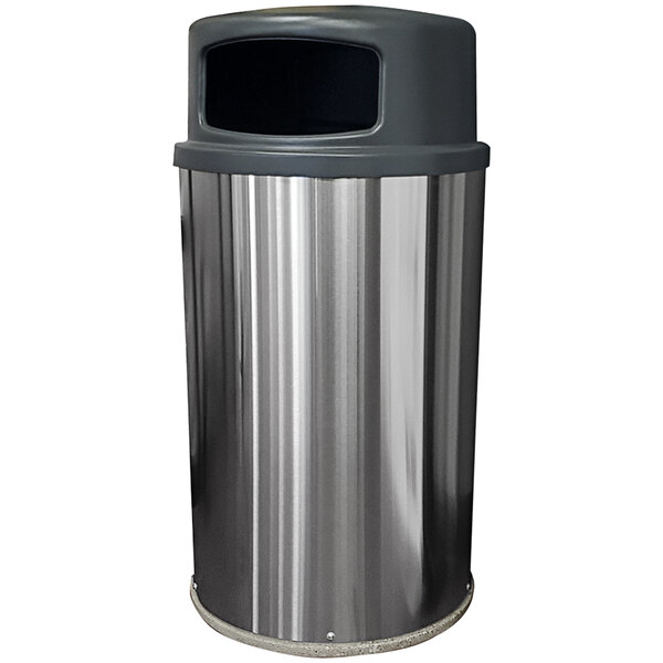 A Wausau Tile stainless steel round trash receptacle with a black plastic dome lid.
