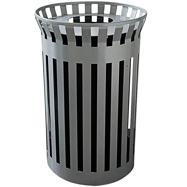 A grey metal trash can with a black stripe and wide funnel lid.