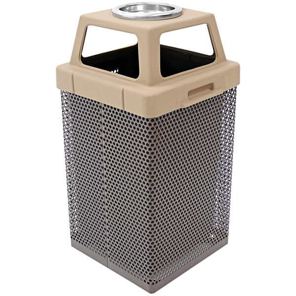 A beige Wausau Tile steel square outdoor trash receptacle with a plastic lid.