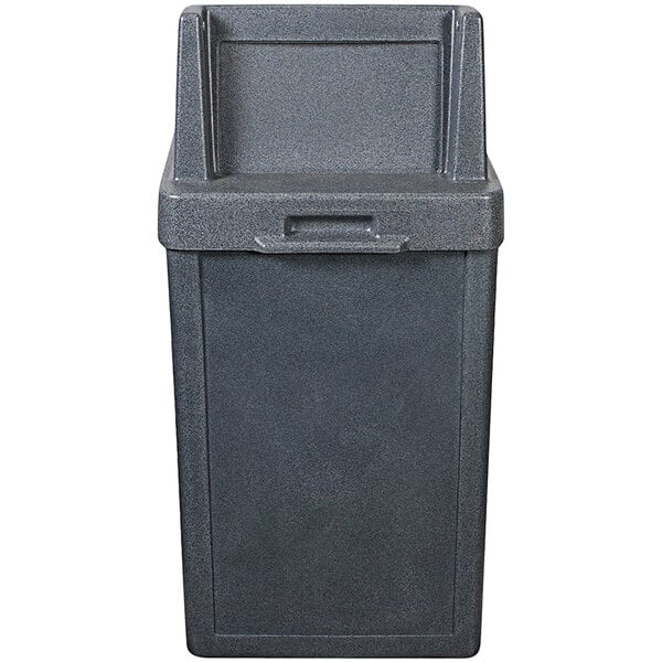 A grey Wausau Tile Tuffy plastic square trash can with a lid.
