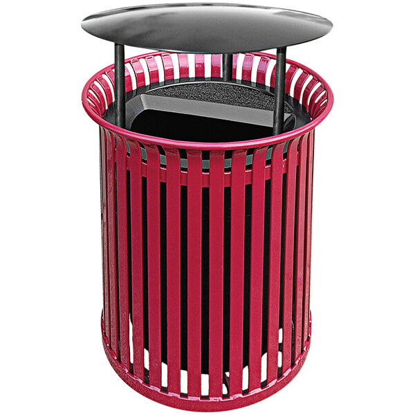 A red metal Wausau Tile outdoor trash receptacle with a black aluminum ash lid and rain hood.