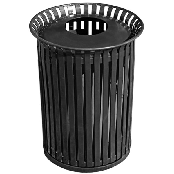 A black Wausau Tile steel round outdoor trash receptacle with a metal lid.