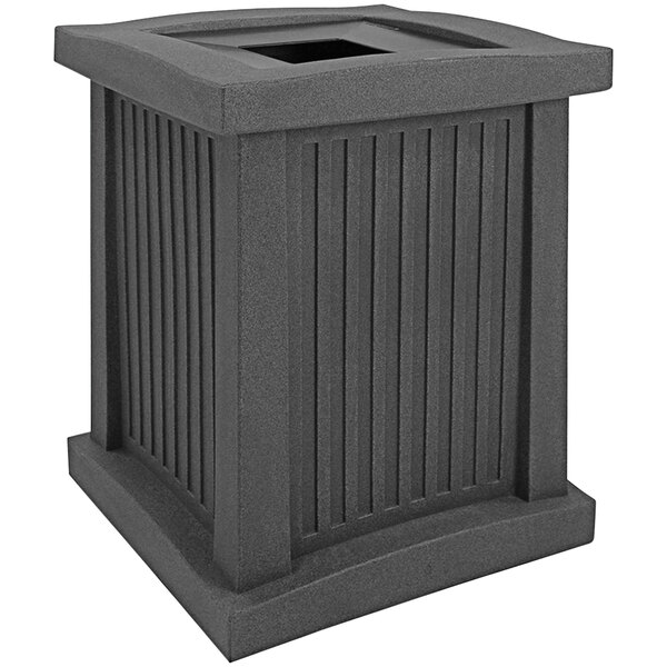 A black rectangular Wausau Tile trash can with an aluminum lid.