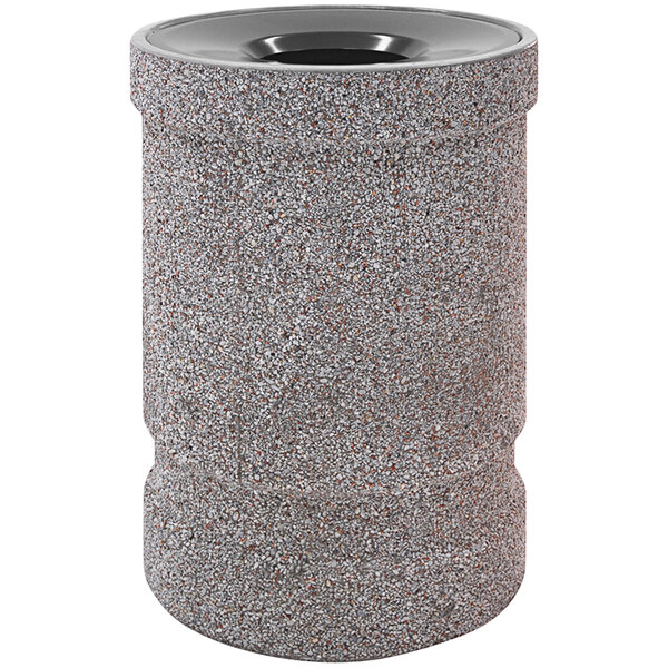 A gray Wausau Tile concrete trash receptacle with an aluminum lid.