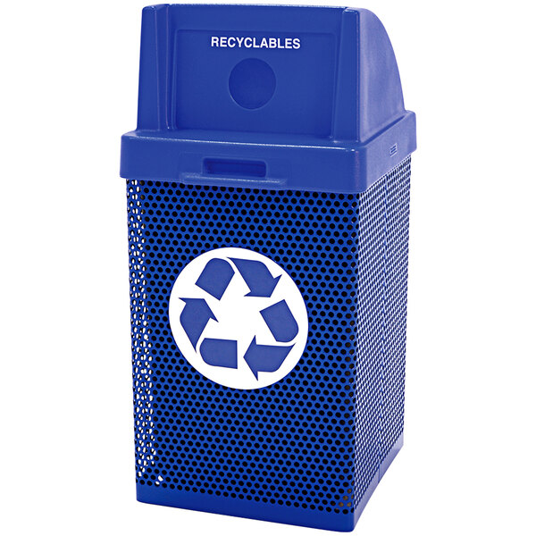 A blue Wausau Tile recycling bin with a white recycle symbol.