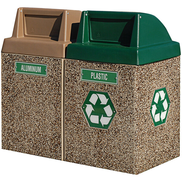 A Wausau Tile concrete trash and recycling station with two push door lids and two recycling bins.