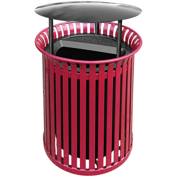 A red metal round outdoor trash receptacle with a black ash-n-trash lid and rain hood.