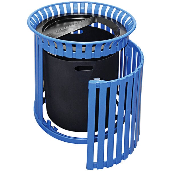 A blue Wausau Tile round steel trash receptacle with an aluminum ash lid and side door.