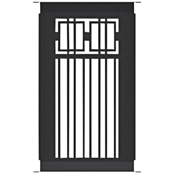 A black rectangular Wausau Tile fence panel with a box design and bars.