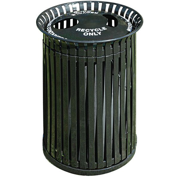 A black Wausau Tile steel outdoor recycling receptacle with aluminum lid and side door.