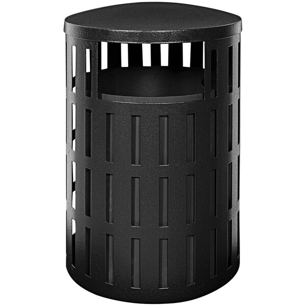 A black Wausau Tile steel round trash receptacle with a steel lid.