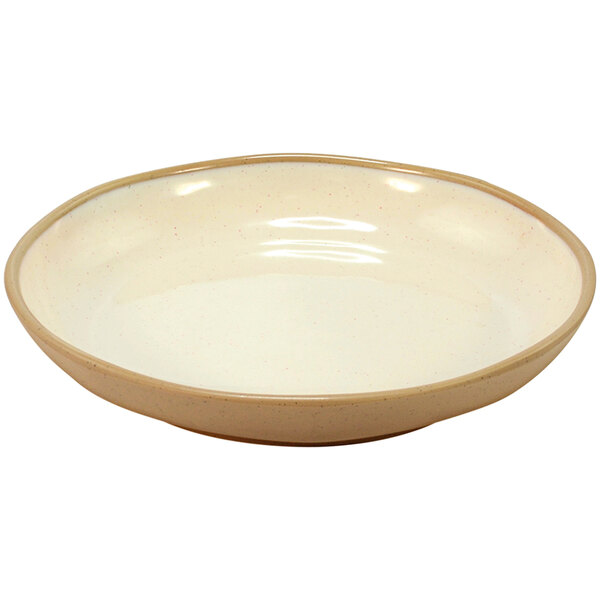 A white melamine deep plate with a speckled brown rim.