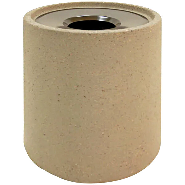 A beige cylindrical Wausau Tile outdoor waste receptacle with a metal hole in the top.