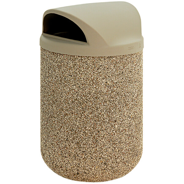 A beige Wausau Tile round concrete trash receptacle with a plastic lid.